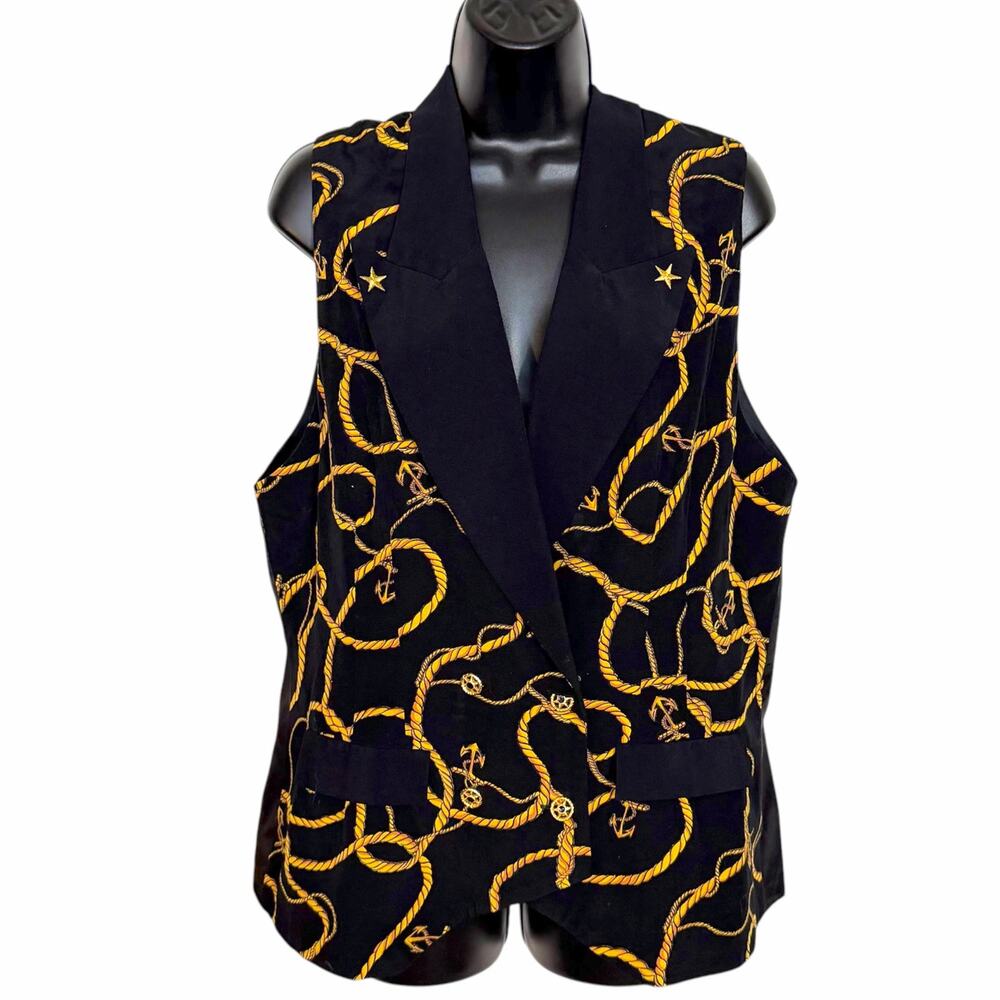 VTG 90s Carole Little Nautical Vest 14 Rope Anchor Silk Blend Novelty Mob Wife
